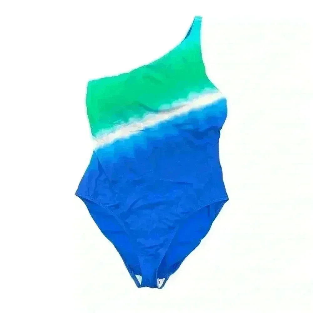 NWT Ralph Lauren Cabana Ombré One Shoulder One Piece Swimsuit Size 14